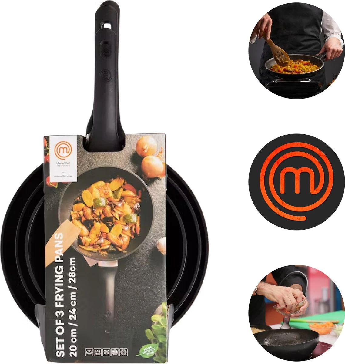 Masterchef Koekenpannen | Koekenpannenset 3 Stuks | Ø 20, 24 En 28 Cm | Geschikt Voor Verschillende Warmtebronnen | Inductie, Elektrisch, Gas En Keramisch Pannenset | Braadpannen | Vrij Van PFOA