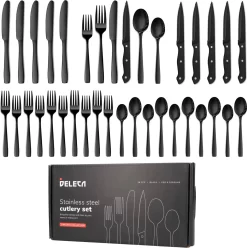 Deleca 6 Persoons Bestekset (36-delig) - Lepels, Messen, Vorken & Steakmessen - Vaatwasserbestendig - Zwart / RVS
