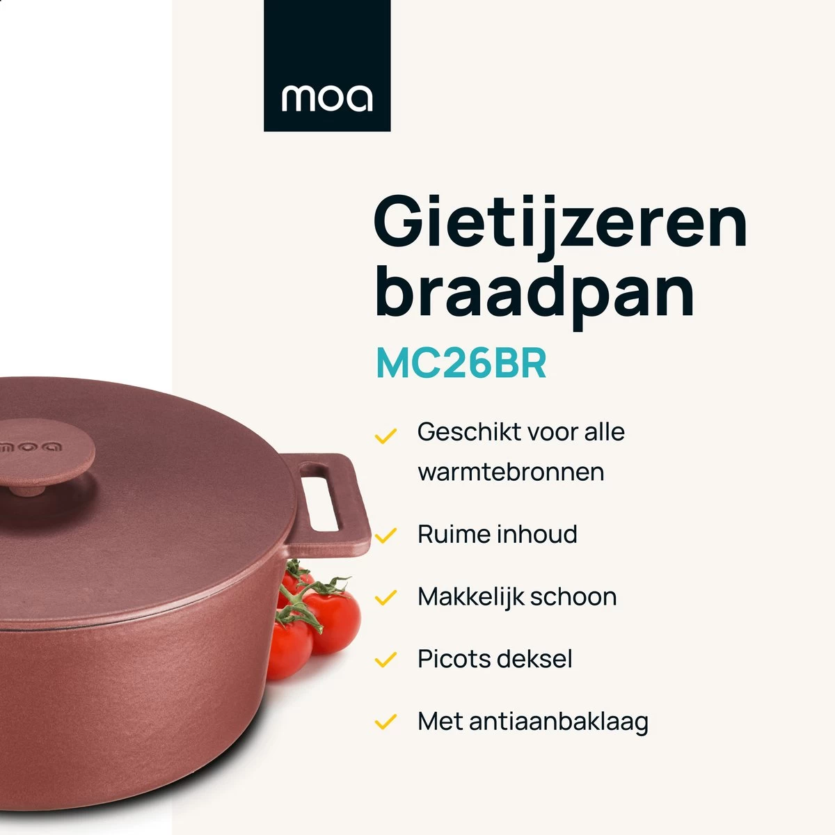 MOA Gietijzeren Braadpan - Inhoud 4,75 Liter - 26CM - Rond - Alle Warmtebronnen - Ook Voor Inductie - Gewicht 5,8 Kg - Bordeaux Rood - MC26BR - Afbeelding 2