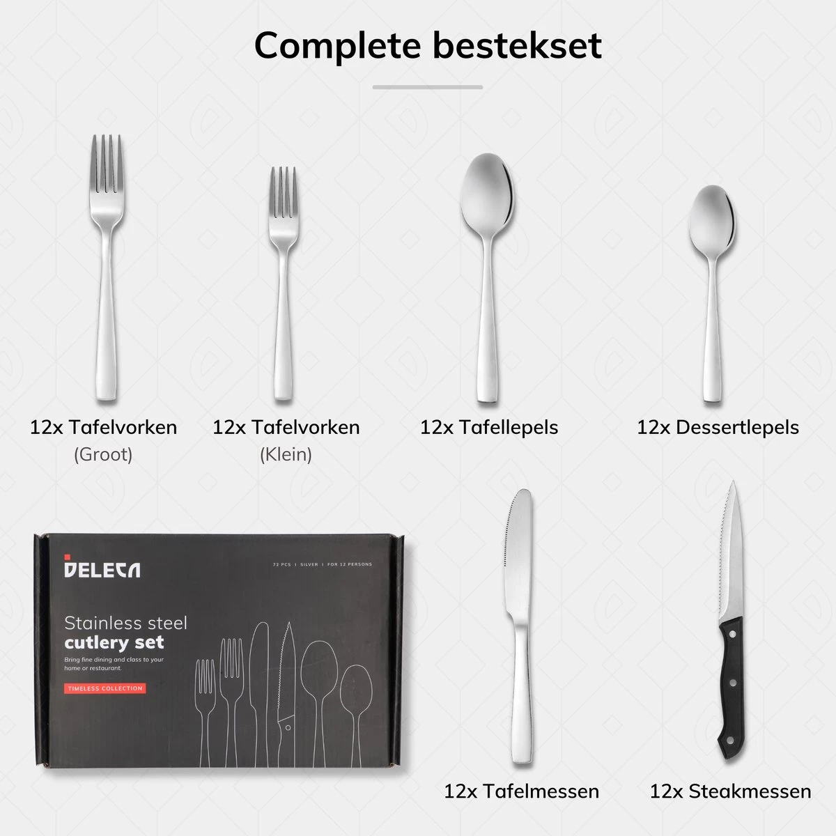Deleca 12 Persoons Bestekset (72-delig) - Lepels, Messen, Vorken & Steakmessen - Vaatwasserbestendig - Zilver / RVS - Afbeelding 10