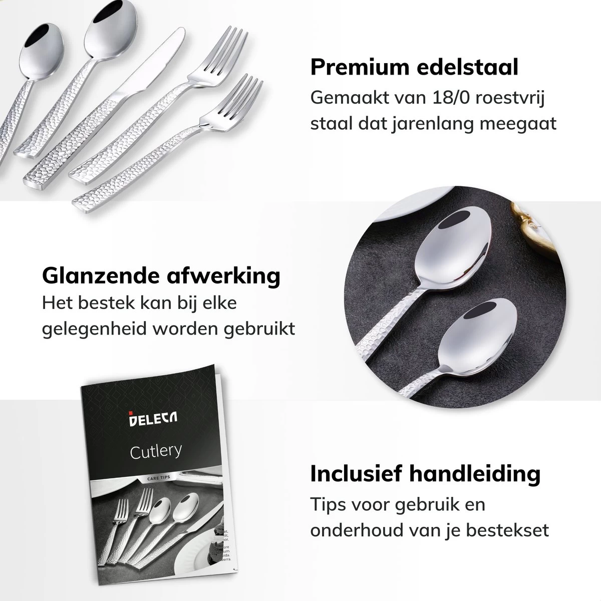 Deleca 6 Persoons Bestekset Deluxe (30-delig) - Vorken, Lepels En Messen - Vaatwasserbestendig - Gehamerd - Zilver / RVS - Afbeelding 4