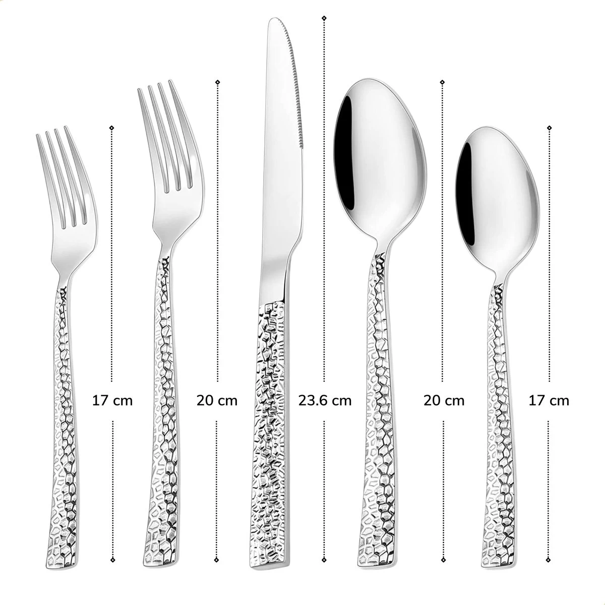 Deleca 6 Persoons Bestekset Deluxe (30-delig) - Vorken, Lepels En Messen - Vaatwasserbestendig - Gehamerd - Zilver / RVS - Afbeelding 7