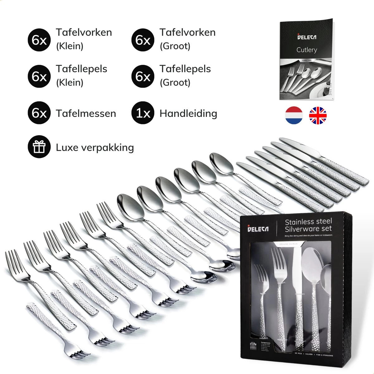 Deleca 6 Persoons Bestekset Deluxe (30-delig) - Vorken, Lepels En Messen - Vaatwasserbestendig - Gehamerd - Zilver / RVS - Afbeelding 8