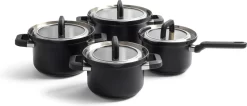 BK Flow Cool Black Glas Kookpannenset - 4-delig - Zwart - Glazen Deksel - Veilig Afgietsysteem - Inductie