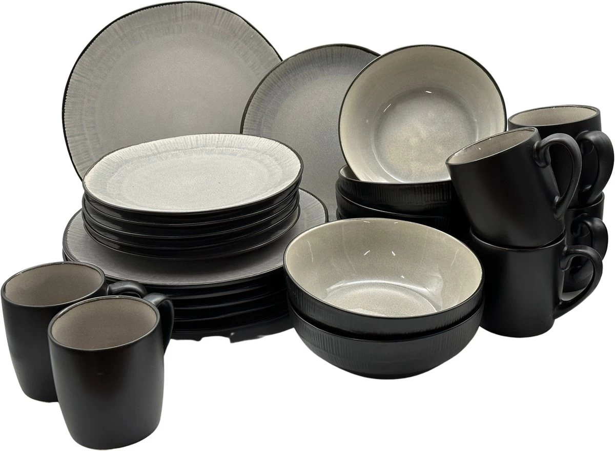 Serviesset 6 Personen - Evia Glacé - Lichgrijs / Zwart - 24-delig