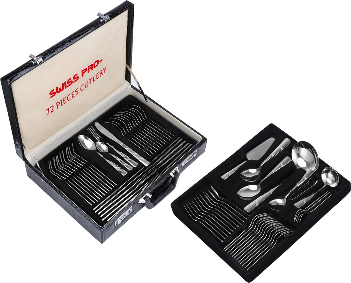 Swiss Pro+ Bestekset In Koffer-72 Delig-12 Persoons-Zwitsers Kwaliteit-Complete Set-100% Roestvrijstaal-Modern - Afbeelding 6