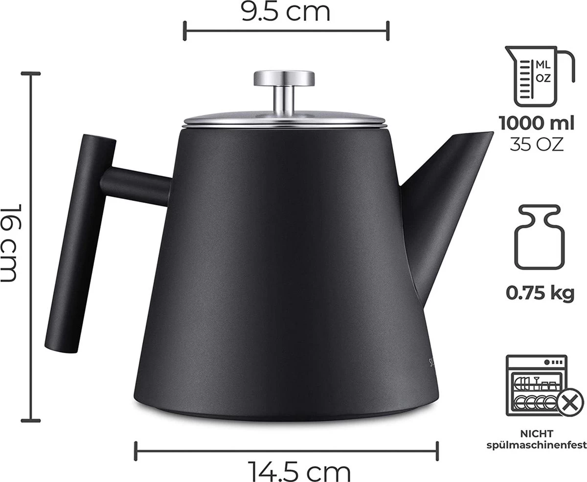 Silberthal - Theepot Met Filter - 1 L - RVS Dubbelwandig - Zwart - Cadeau - Afbeelding 6
